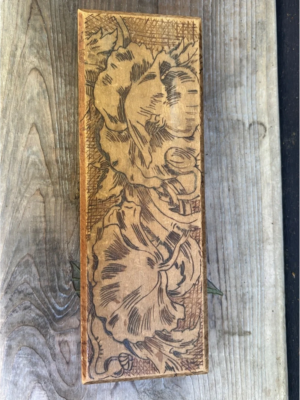 Antique Flemish Art Co. Pyrography Wood Box, Rose Floral Design, NY c1900s